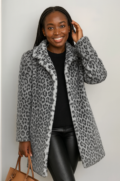 Leopard Elegance™ - Vinterkappa med Revers och Konstpäls