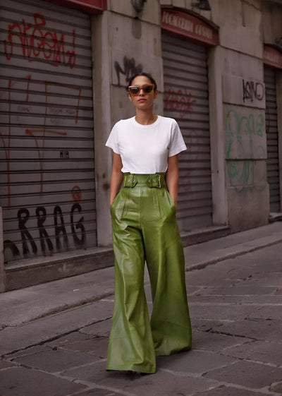 Alisha - Högmidjade Wide-Leg PU Läderbyxor