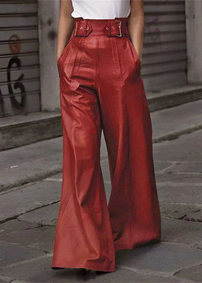Alisha - Högmidjade Wide-Leg PU Läderbyxor